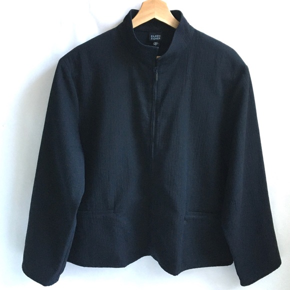 Eileen Fisher Crepe Zip Up Mock Neck Collar Lightweight Jacket Black Large - Picture 14 of 15